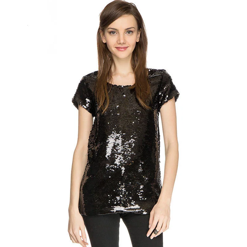 fashion girls black sequins tops slim O-neck t shirts for women solid short sleeve shining tees [HDYA894g]-- Beaded Sequined Faux Fur