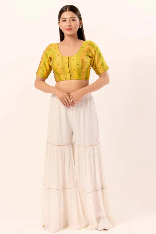 Yellow Brocade Round Neck Elbow Sleeves Blouse Chic Off-Shoulder Blouse
