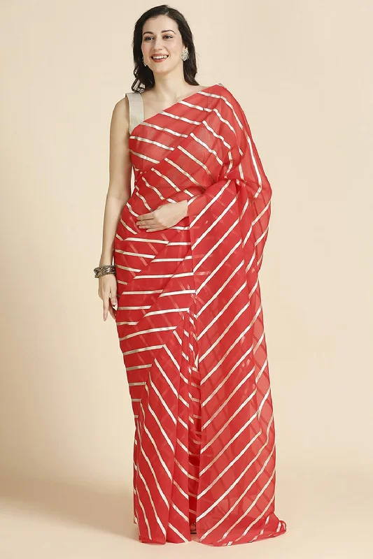 Red Kota Leheriya Organza Saree With Shimmer Unstitch Blouse Soft Satin Blouse