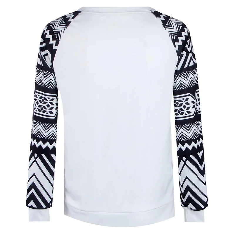 Long Sleeve Round Neck Printing Women Tops T-shirt S Black and White-- Asymmetrical Pockets Print Long Sleeve Round Neck Printing Women Tops T-shirt S Black and White-- Asymmetrical Pockets Print