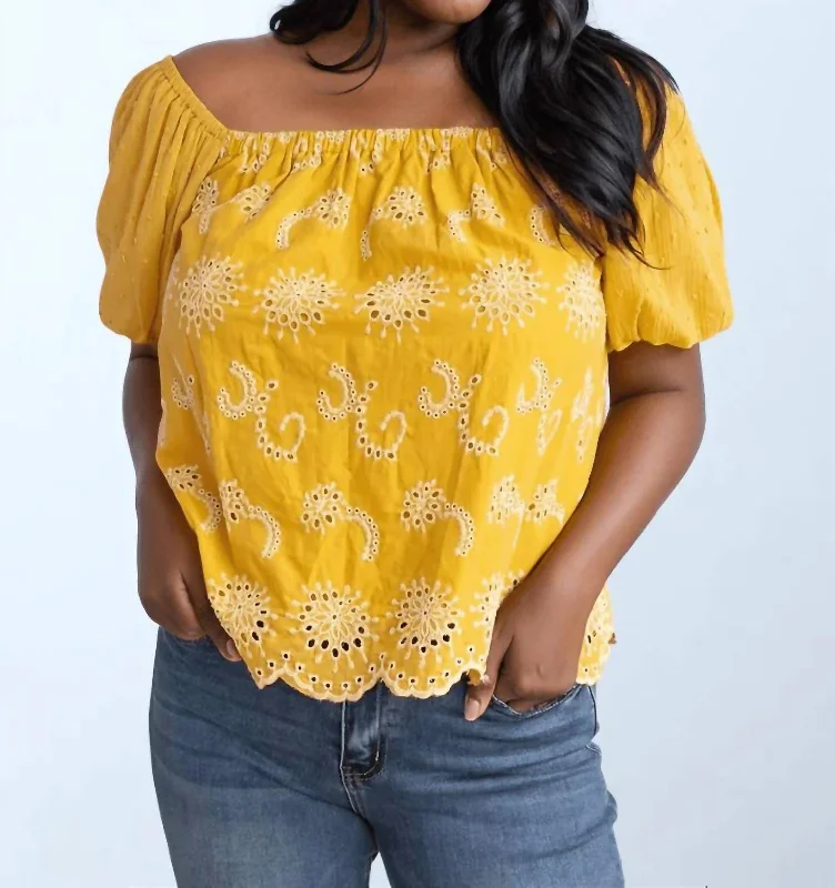 Sunny Breeze Eyelet Blouse In Mustard Chic Sleeveless Blouse