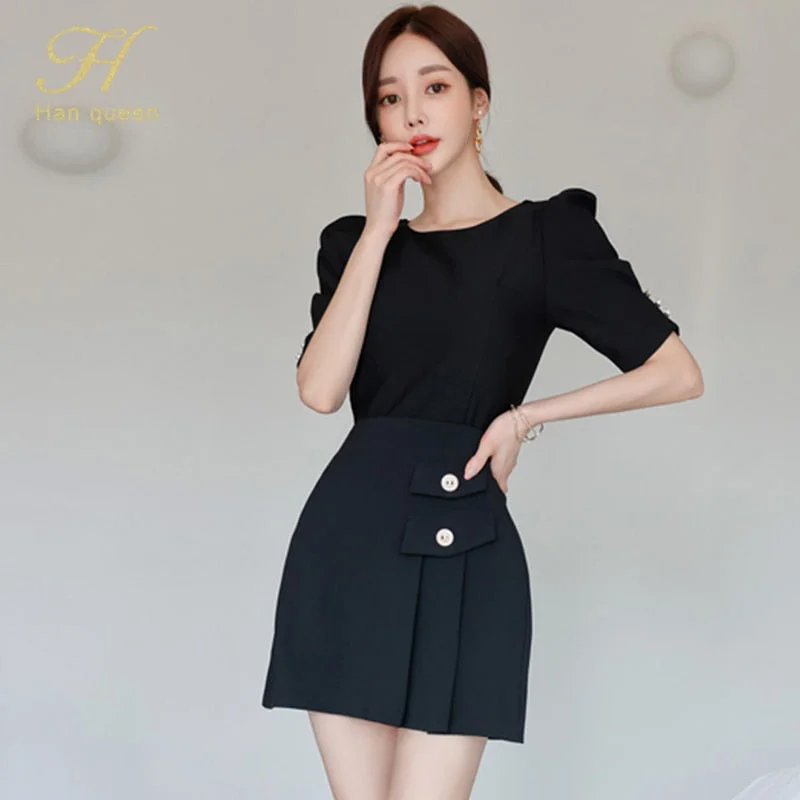 H Han Queen New 2 Pieces Set Women Summer O-Neck Black Shirts And High Waist A-Line Skirts Korean Slim Casual Office Lady Suit-- Plaid T-Shirt Polka Dot Checkered H Han Queen New 2 Pieces Set Women Summer O-Neck Black Shirts And High Waist A-Line Skirts Korean Slim Casual Office Lady Suit-- Plaid T-Shirt Polka Dot Checkered