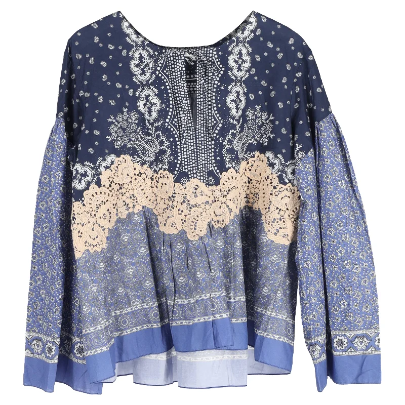 Chloé Lace Appliquéd Printed Blouse in Blue Cotton Office Formal Blouse