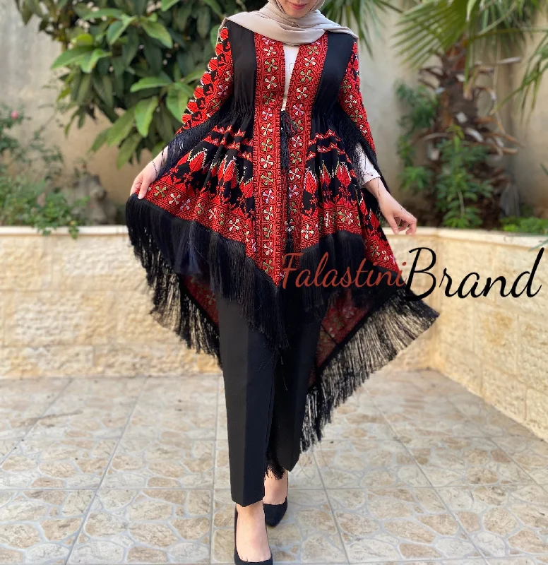 Palestinian Black And Red Embroidered Shawl Blouse Long Version Boho Printed Blouse