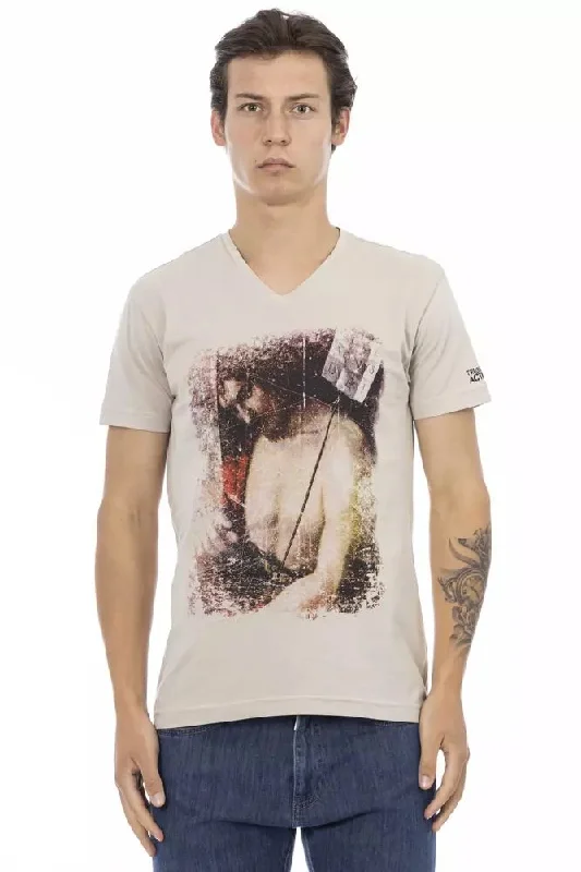 Beige Cotton Men T-shirt-- Ribbed Striped Patterned
