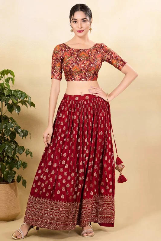 Maroon Jacquard Woven Elbow Sleeves Blouse Smart Business Blouse