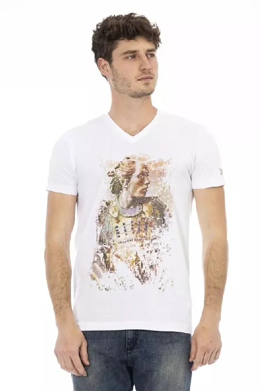 White Cotton Men T-shirt-- Lace Blend Ribbed Blend Corduroy Blend