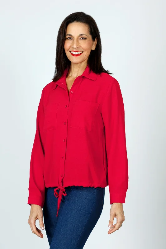 Top Ligne 2 Pocket Button Down Tie Blouse Stretchy Fitted Blouse