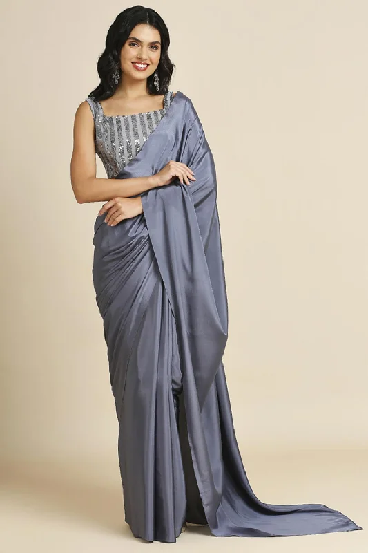 Grey Burfi Silk Saree With Lycra Sequins Unstitch Blouse Peter Pan Blouse