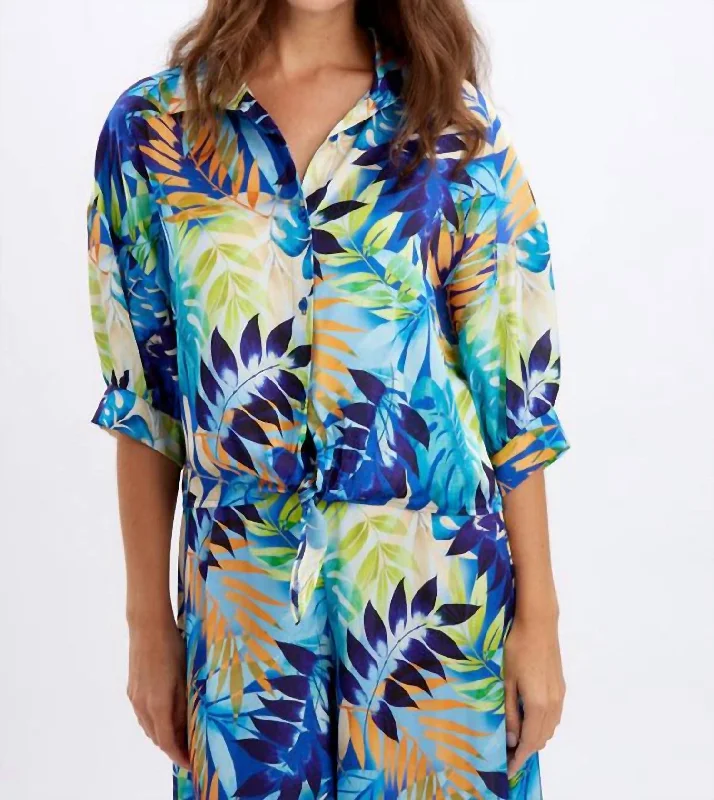 Tropical Print Button-Down Blouse In Royal/orange Ruffled Neck Blouse