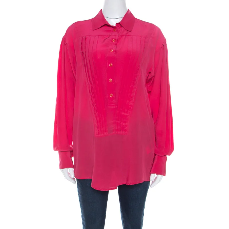 Just Cavalli Pink Silk Pleated Front Rolled Cuff Detail Blouse Loose Oversized Blouse