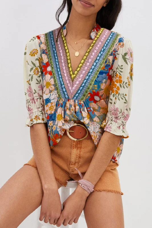 Multicolour V Neck Half Sleeve Boho Floral Blouse Feminine Pastel Blouse