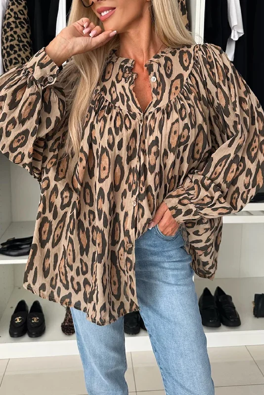 Light French Beige Leopard Print Balloon Sleeve Loose Blouse Side Tie Blouse