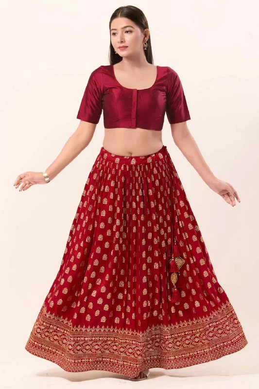Maroon Brocade Round Neck Elbow Sleeves Blouse Airy Cotton Blouse