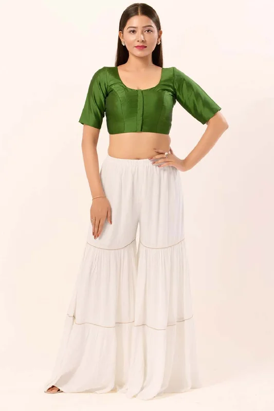 Olive Brocade Round Neck Elbow Sleeves Blouse Chic Wrap Blouse