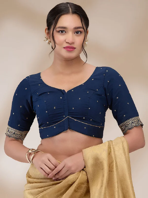Navy Blue Mulberry Silk Embroidered Half Sleeves Blouse Elegant Office Blouse