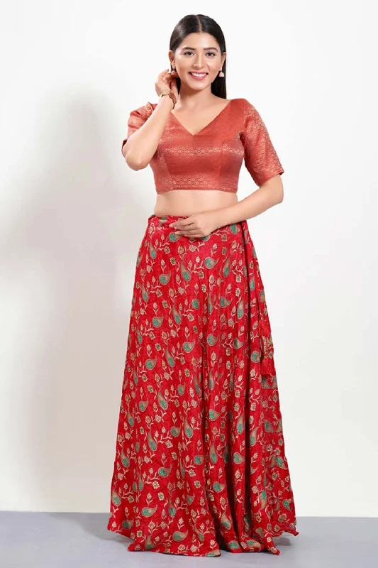 Rust Brocade V-Neck Elbow Sleeves Blouse Short Sleeve Blouse