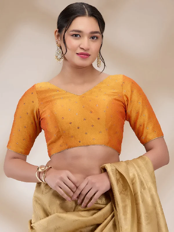 Mustard Silk Blend Printed Half Sleeves Blouse High Neck Blouse