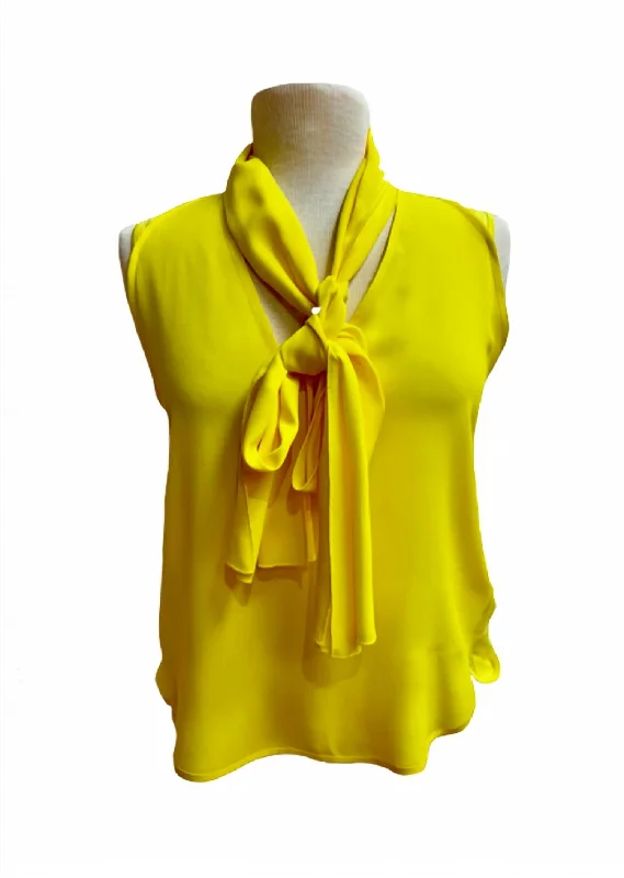 Tie-Neck Blouse In Yellow Casual Relaxed Fit Blouse