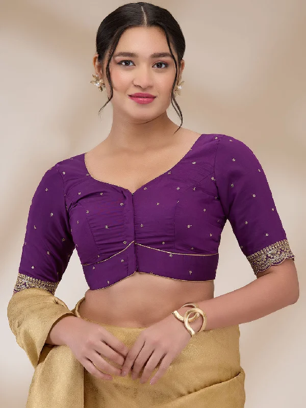 Purple Mulberry Silk Embroidered Half Sleeves Blouse Elegant Lace Blouse