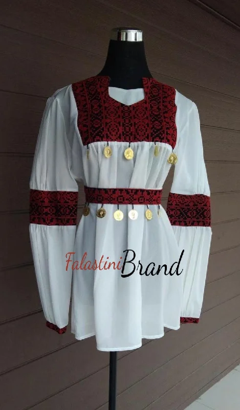 White elegant blouse with red embroidery and stylish coins Slim Fit Blouse