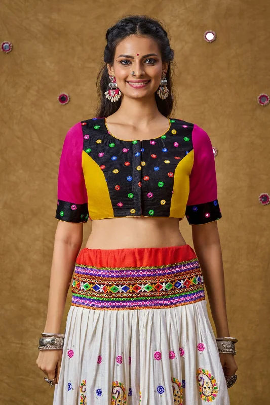 Multicolour Cotton Embroidered Elbow Length Blouse Drape Neck Blouse