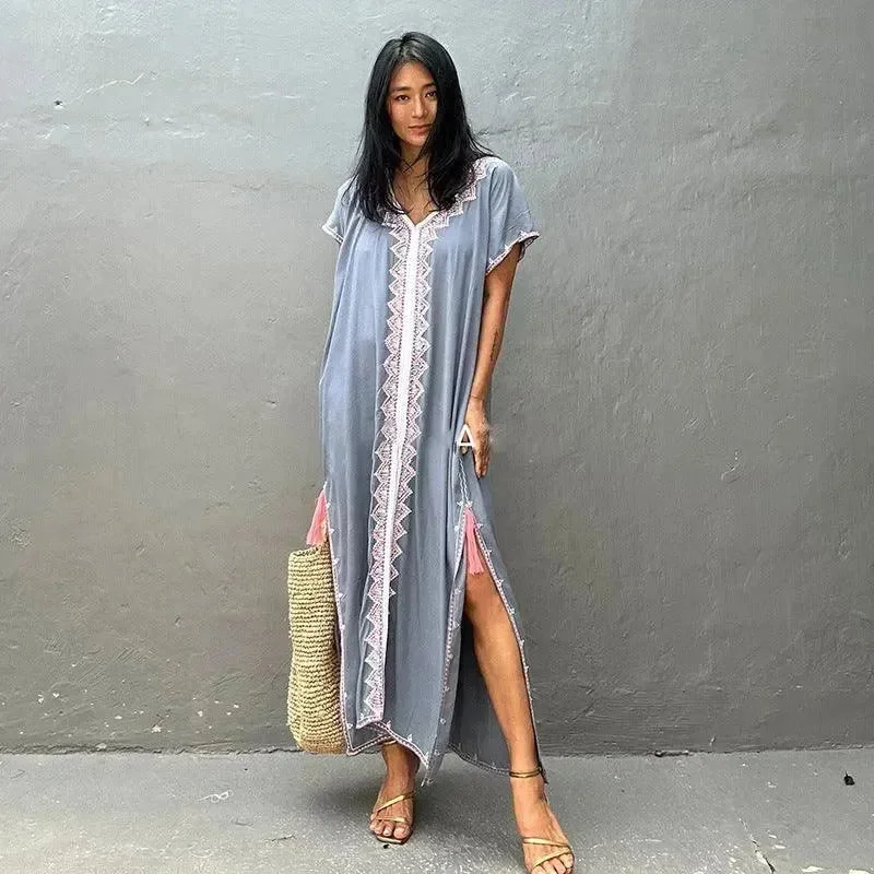 Casual Swimsuit Cover Up For Women Loose Beach Bikini Blouse Dress. Bell Sleeve Blouse