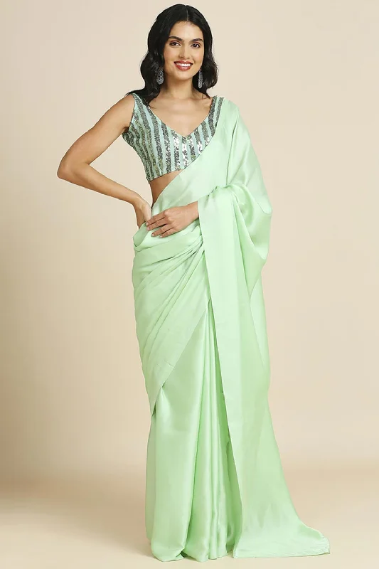 Pista Burfi Silk Saree With Lycra Sequins Unstitch Blouse Satin Long Blouse