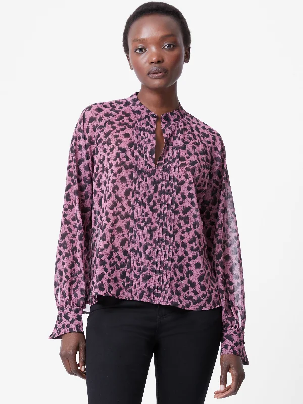 Estella Pleat Front Keyhole Leopard Print Blouse Elegant Embroidery Blouse