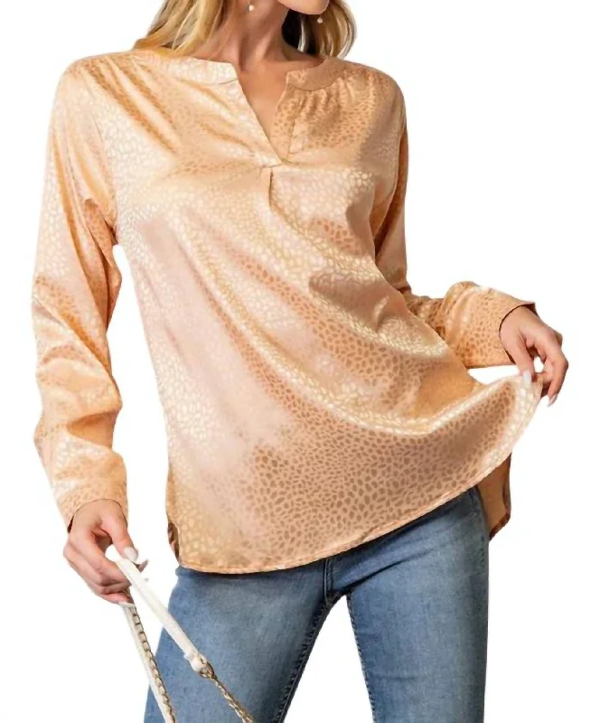 Mandalin Collar V-Neck Blouse In Mocha Frilled Cuff Blouse