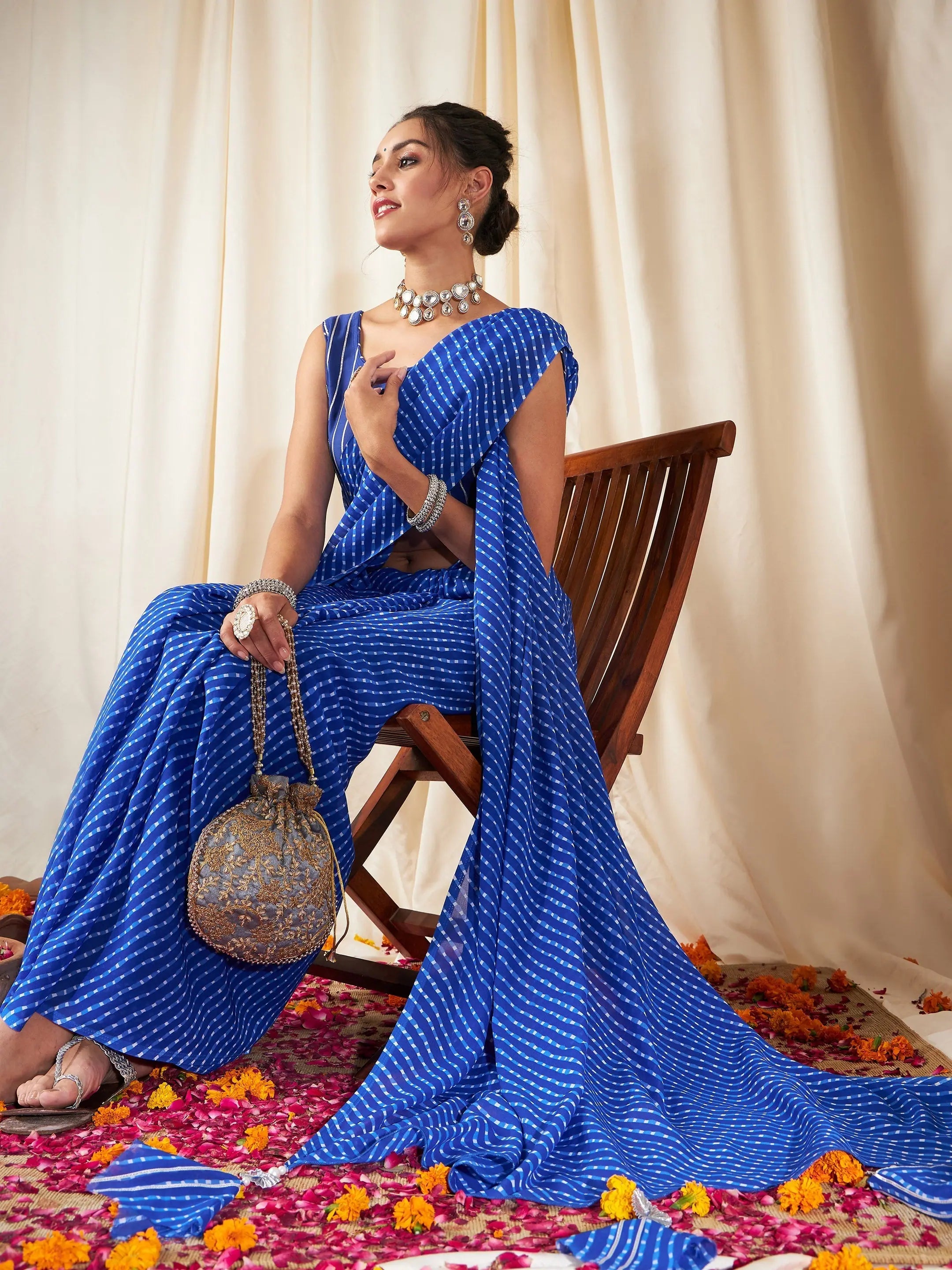 Women Blue Lehariya Saree With Unstitched Gota Blouse Cotton Casual Blouse