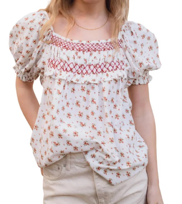 Frida Blouse In Ecru Embroidered Floral Blouse