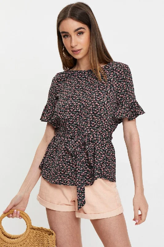 Floral Print Frill Sleeve Blouse Sheer Sleeve Blouse