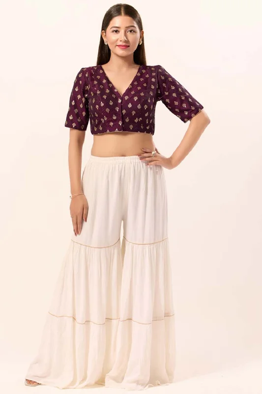 Wine Brocade V-Neck Elbow Sleeves Blouse Elegant Embroidery Blouse