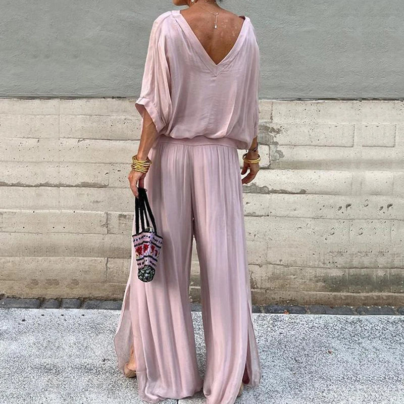 Advbridge -  Sexy V-neck Half Sleeve Blouse and Long Pants Outfits Women Fashion Draped Solid 2Pc Suit Casual Wide Legger Loose Chiffon Sets Vintage Lace Blouse