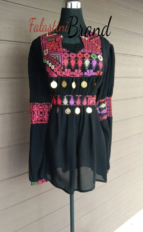 Black elegant blouse with red embroidery and stylish coins Office Formal Blouse