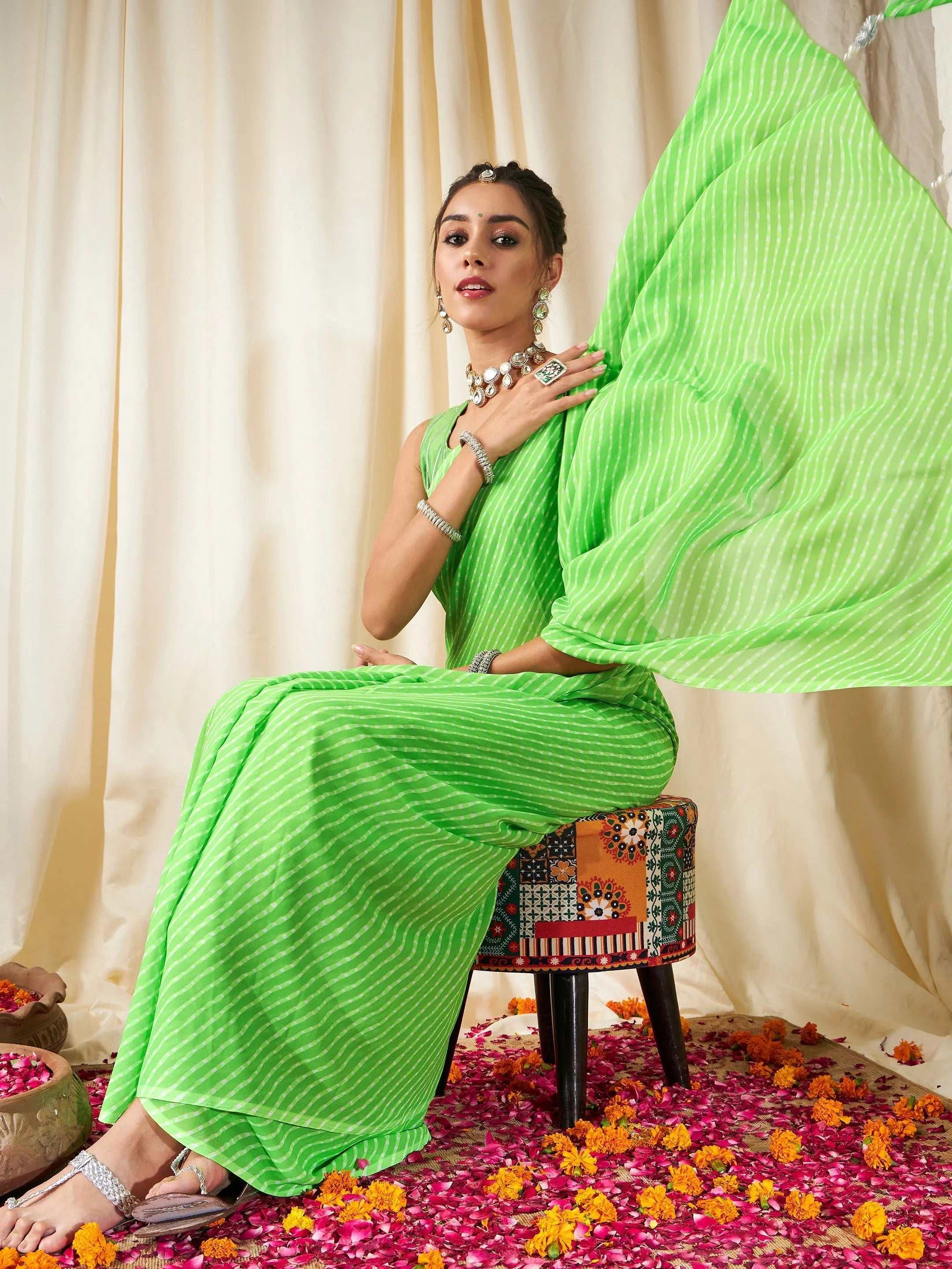 Women Green Lehariya Saree With Unstitched Gota Blouse Ruffled Neck Blouse