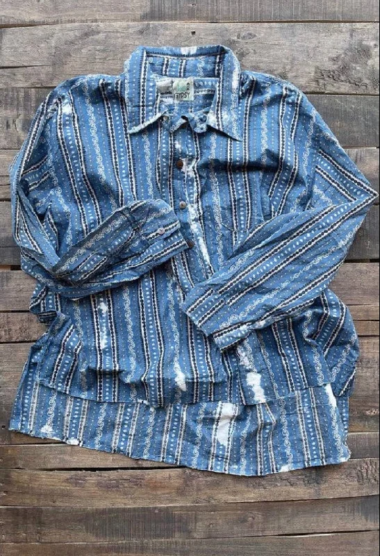 Blue Striped Distressed Star Dreamer Shirt One Size-- Rayon Velvet Corduroy