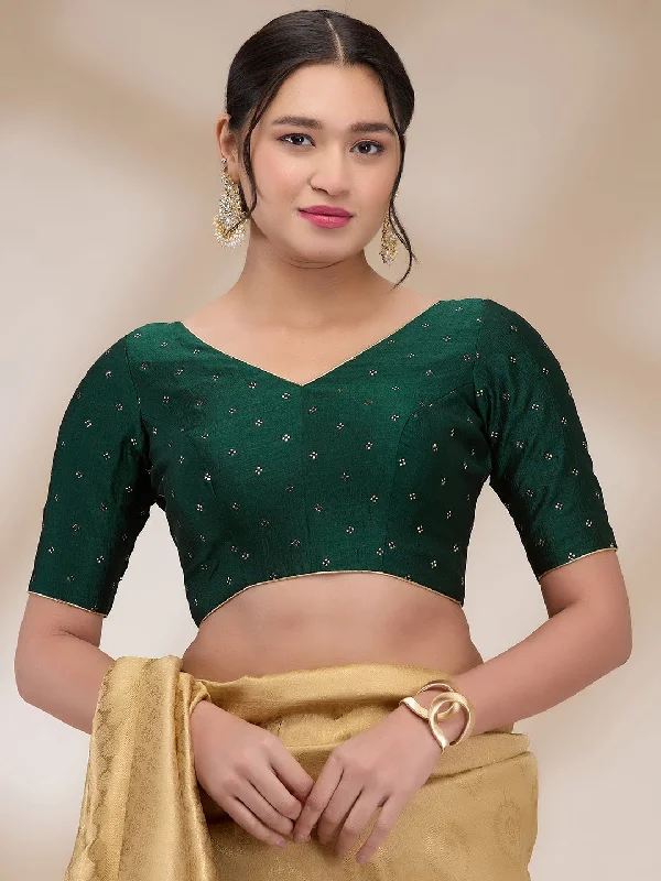 Green Silk Blend Printed Half Sleeves Blouse Delicate Bow Blouse