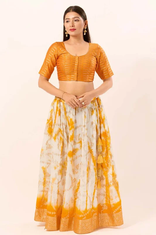 Mustard Brocade Round Neck Elbow Sleeves Blouse Puff Sleeve Blouse