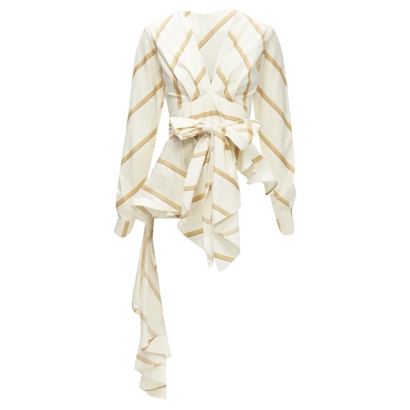 Johanna Ortiz Party Wave striped cotton tie belt blouse Mandarin Collar Blouse