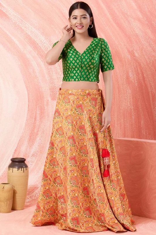 Green Brocade V-Neck Elbow Sleeves Blouse Mandarin Collar Blouse