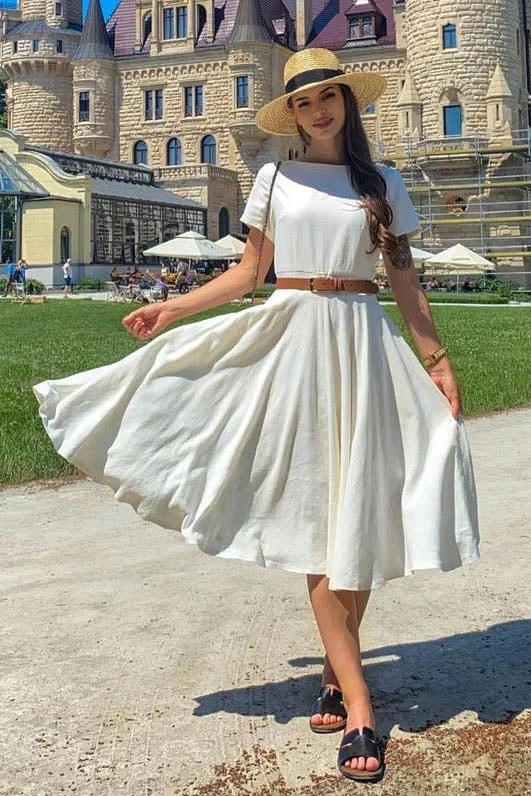 Beige Short Sleeve Midi Women Linen Dress 3718 Crew Neckline Casual