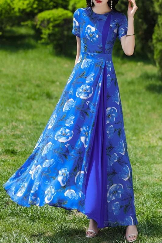 Blue floral printed patchwork summer chiffon dress 4992 Tunics Business professional