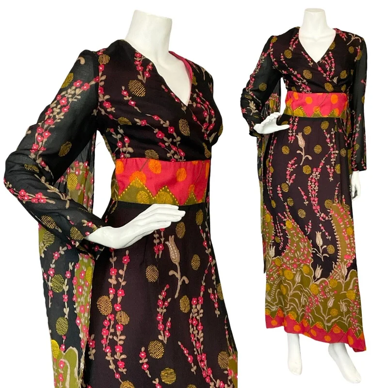 VTG 70S BOHO BLACK GREEN PINK FLORAL V NECK PANEL SLEEVES FLOATY PARTY DRESS 6 Turtleneck Warm Winter VTG 70S BOHO BLACK GREEN PINK FLORAL V NECK PANEL SLEEVES FLOATY PARTY DRESS 6 Turtleneck Warm Winter