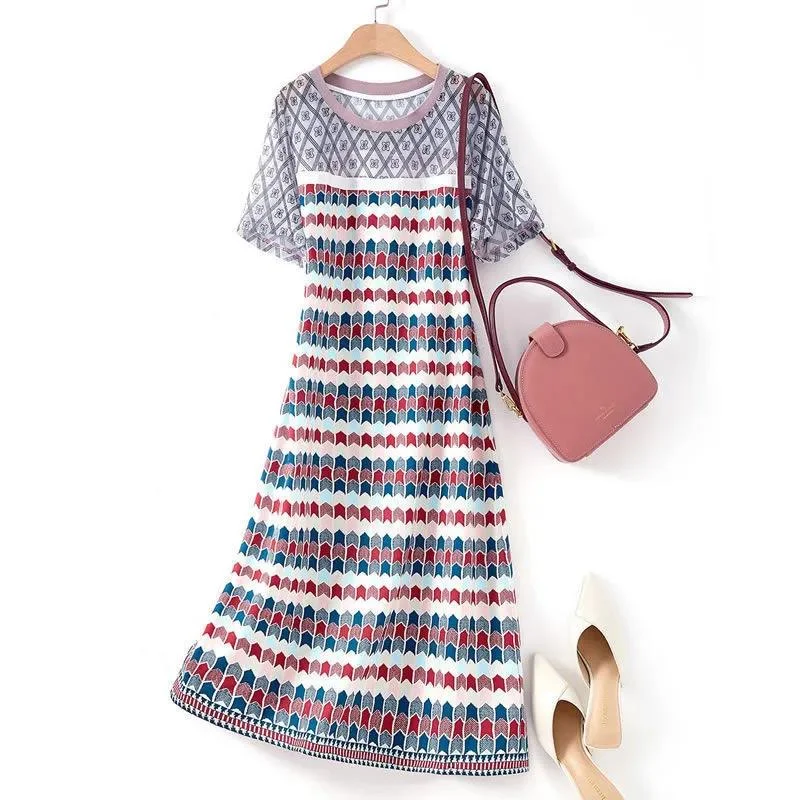 Summer Women's All-match Geometric Print Loose and Thin A-line Dress Tunics Office stylish