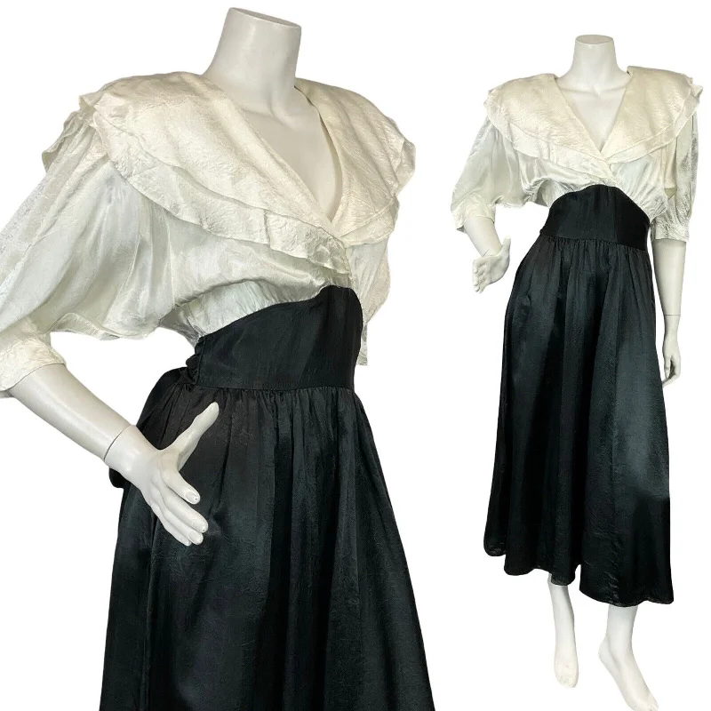 VTG 70S CHOON WHITE BLACK BATWING BERTHA COLLAR TIE WAIST EVENING PARTY DRESS 4 Tunics Fleece cozy VTG 70S CHOON WHITE BLACK BATWING BERTHA COLLAR TIE WAIST EVENING PARTY DRESS 4 Tunics Fleece cozy