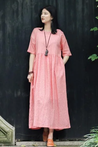 crew set head vintage linen long dress with loose waist CYM351 Tunics Seasonal trendy crew set head vintage linen long dress with loose waist CYM351 Tunics Seasonal trendy