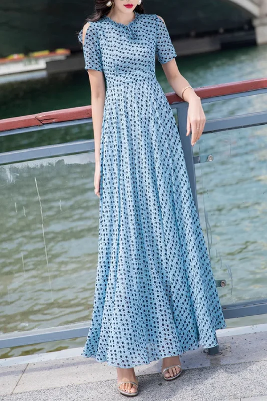 Blue polka dot long chiffon prom dresses 5026 Tunics Chinos classic
