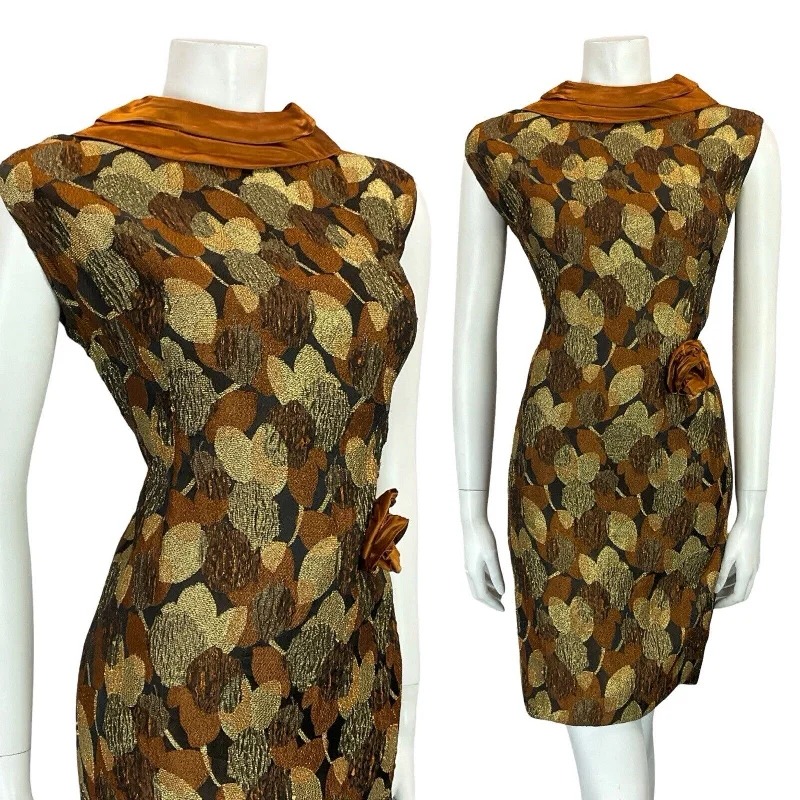 VTG 60S COPPER GOLD BLACK SATIN LEAF BROCADE PLUNGING BACK PARTY DRESS 12 14 M High-Low Hemline Casual VTG 60S COPPER GOLD BLACK SATIN LEAF BROCADE PLUNGING BACK PARTY DRESS 12 14 M High-Low Hemline Casual